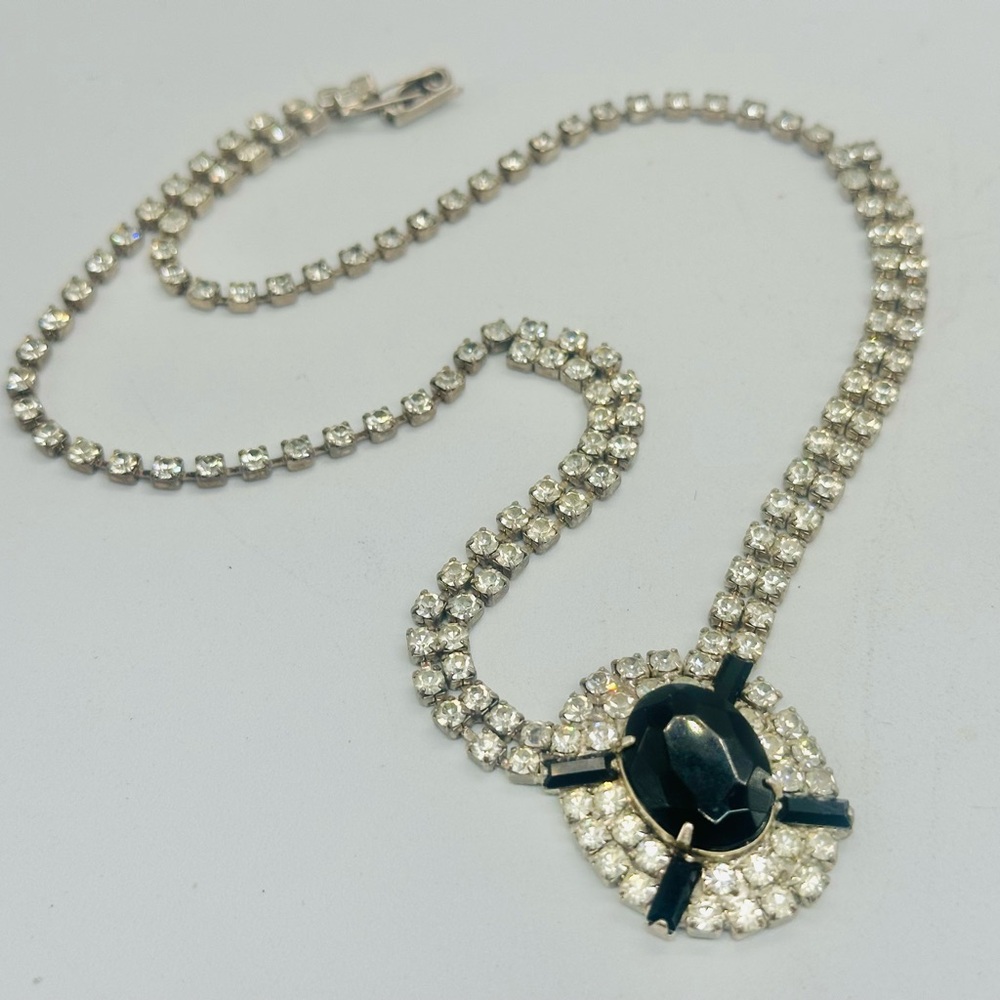 Vintage Onyx Crystal Rhinestone Prong Set Necklace Black Cocktail 20s Icy